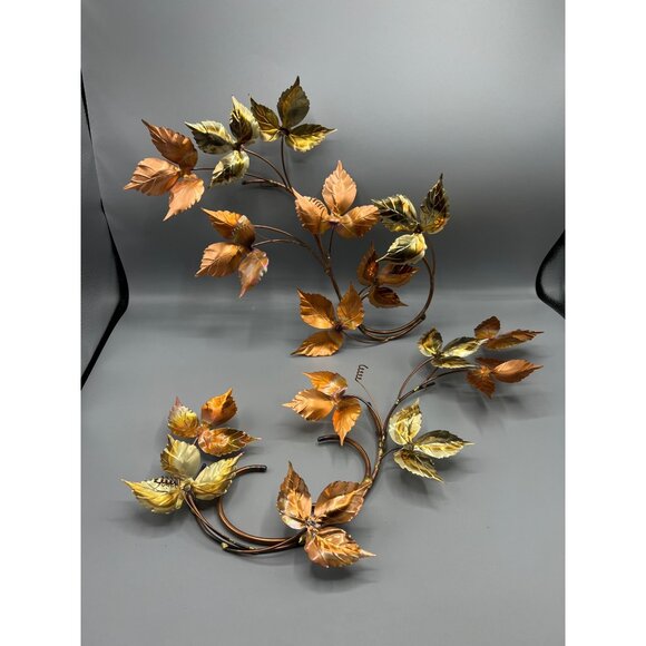 2 MCM Metal Ivy Leaf Wall Art Copper Brass 3D Decor Set 18" Hanging Bendable - Picture 2 of 7